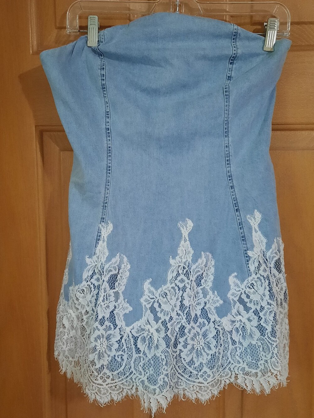 Amanda Uprichard Romilly Strapless Denim Lace Skort Romper, Sky Wash, Size Small